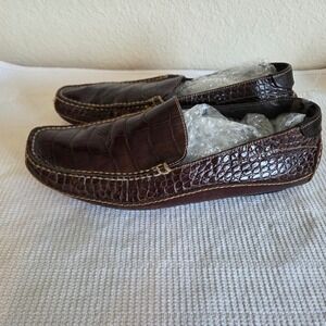 Cole Haan Brown Croc Embossed Leather Driving Loafers Mens Slip On Shoes SZ 10.5